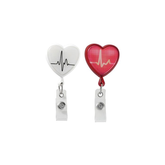 Heart Shaped EKG-Themed Badge Reels - Swivel Spring Clip - Clear Strap 