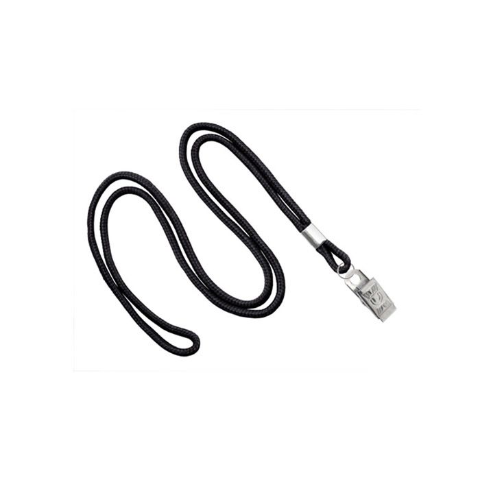 1/8'' Black Round Braid Lanyard with Bulldog Clip 
