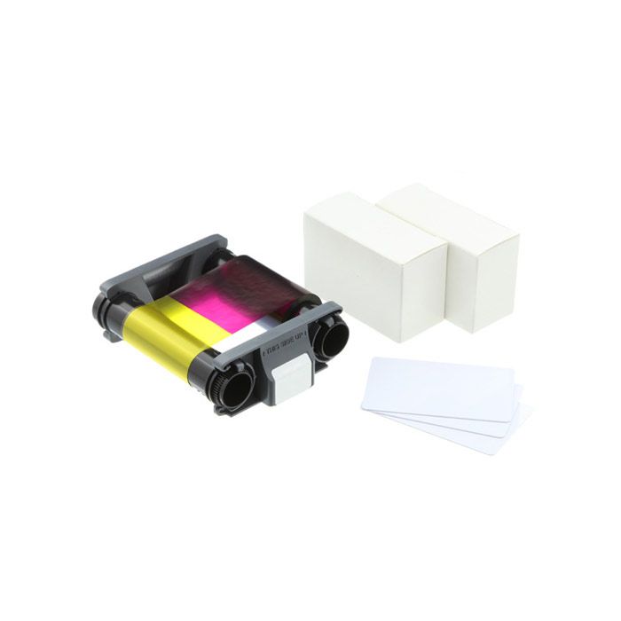Evolis Badgy CBGP0001C Consumables Kit - YMCKO Ribbon & 30 mil Cards - 100 prints