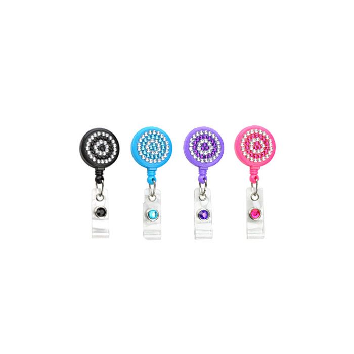 Rhinestone Badge Reels - 1.25'' - Belt Clip - Clear Strap w/ Rhinestone 